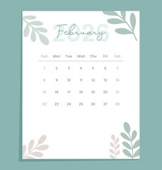 February 2026 Botanical nature-inspired calendar vector design with pastel watercolor leaves, elegant minimal typography, modern flat eco style for planner, schedule, and digital template