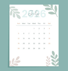 July 2026 Botanical nature-inspired calendar vector design with pastel watercolor leaves, elegant minimal typography, modern flat eco style for planner, schedule, and digital template