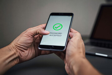 Secure mobile authentication displays "PASSWORD ACCEPTED" with a green check.