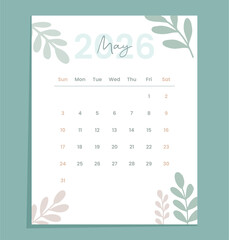 May 2026 Botanical nature-inspired calendar vector design with pastel watercolor leaves, elegant minimal typography, modern flat eco style for planner, schedule, and digital template