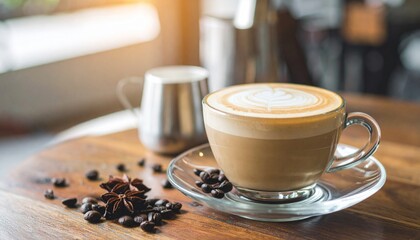 Classic Caf&eacute; Latte with Milk Served in Glass Cup on Wooden Table for Premium Coffee Drink Object and Barista Concept