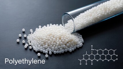 Polyethylene pellets spilling from laboratory glassware showcase polymer science and material innovation