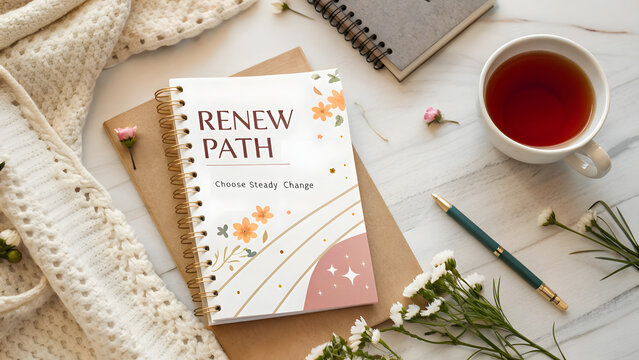 Notebook titled Renew Path resting on a wooden desk
