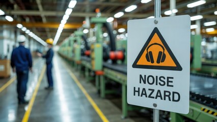 Protect hearing with noise hazard warning sign in modern factory for safety and compliance guidance