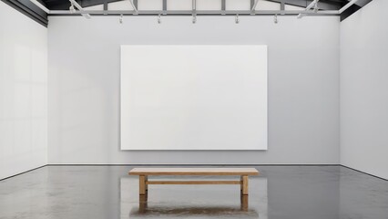 Modern art gallery interior featuring blank white canvas and a simple wooden bench for contemplative viewing