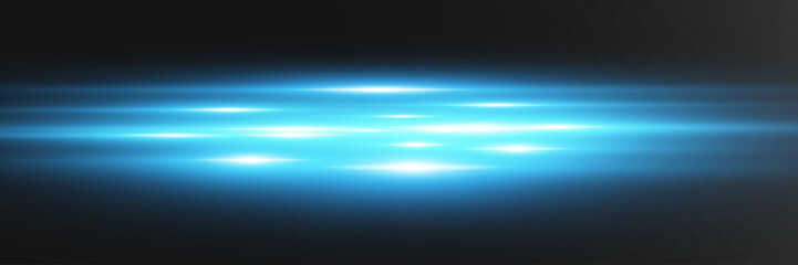 Blue neon light streaks, glowing energy lines with motion blur and flare effect, futuristic sci-fi speed wave isolated on transparent background, abstract luminous technology glow element © Olga