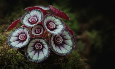 Obraz premium Close-up shows intricate, patterned plant atop mossy surface, displaying unique circular formations