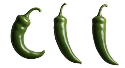 Three fresh green jalapeño peppers lined up against a stark for culinary projects and healthy eating concepts and spicy food images on transparent background