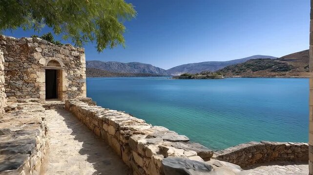 Stonework path to door azure water mountainous background bright