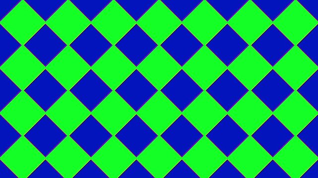 Seamless Geometric Diamond Tiles Animation Blue And Neon Green Pattern. The blue and neon green shapes in rows move rhythmically, zooming in and out. Dynamic retro pattern