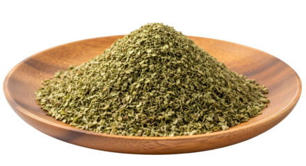 Dried oregano on a wooden plate showcasing its natural color and texture perfect for culinary and healthy lifestyle concepts and cooking ingredients on transparent background
