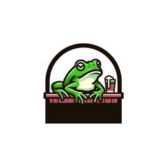 Cartoon Green Frog Leaning on a Bar with Beer, Relaxing Pose