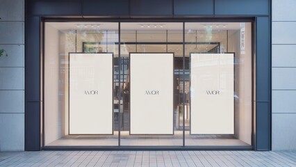 Elegant storefront window display with blank posters ready for your modern fashion brand advertising