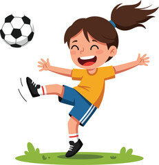 Cheerful Cartoon Girl Playing Soccer and Kicking the Ball Outdoor Illustration