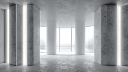 Spacious concrete room with tall columns and large windows, showcasing a minimalist design and city views, perfect for creative projects.