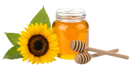 Fresh honey in a glass jar with a sunflower and honey dippers against a for natural sweetness and healthy living at 150 characters on transparent background
