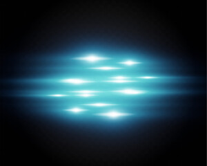 Blue glowing light streaks, horizontal neon flare effect with bright energy lines, futuristic motion blur isolated on transparent background, abstract sci-fi glow wave visual element.