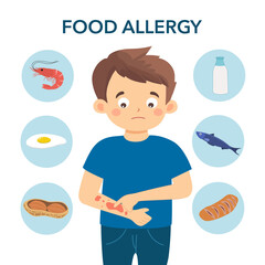 Kid having food allergy symptom to products like seafood, gluten, egg, peanut and milk in flat design. Female got red spots on her skin.