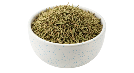 Dried rosemary fills a speckled bowl creating a fresh aromatic culinary herb ingredient perfect for cooking and seasoning food preparation projects on transparent background