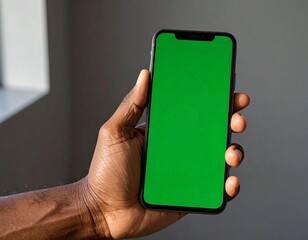 Woman's hand holding a blank green screen smartphone for digital communication and technology display