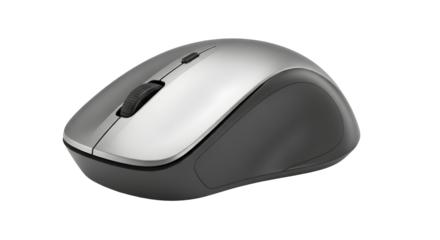 Silver and gray wireless computer mouse with a scroll wheel providing a clean and modern aesthetic for technology concepts on transparent background