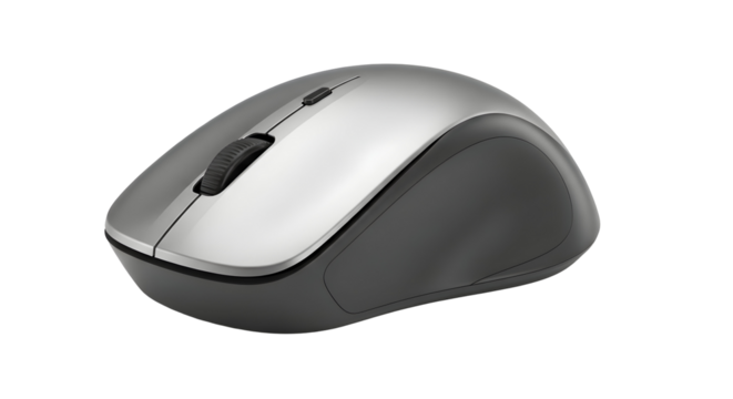 Silver and gray wireless computer mouse with a scroll wheel providing a clean and modern aesthetic for technology concepts on transparent background