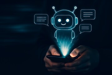 Customer service assistant concept, hands holding smartphone with virtual assistant hologram icon, support