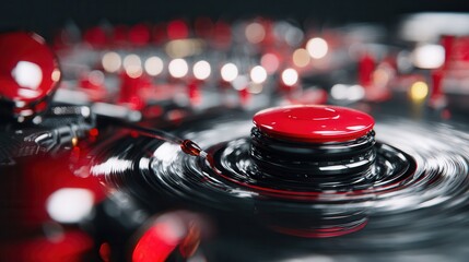Red button on abstract liquid surface, reflection, futuristic concept