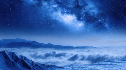 Mystical night sky mountain landscape with stars clouds