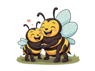 A heartwarming illustration of two smiling bees embracing each other with love and joy on a grassy patch.