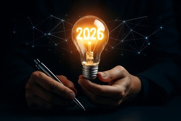 Business man holding light bulb with 2026 year, concept of idea, innovation and inspiration in future