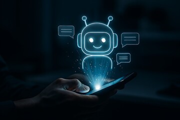 Hand using smartphone with chatbot application, artificial intelligence and futuristic technology concept