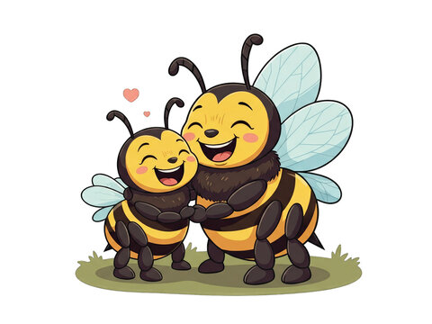 A heartwarming illustration of two smiling bees embracing each other with love and joy on a grassy patch. - Powered by Adobe