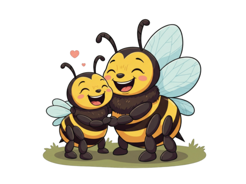 A heartwarming illustration of two smiling bees embracing each other with love and joy on a grassy patch. - Powered by Adobe