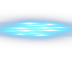 Blue glowing light streaks, horizontal neon flare effect with bright energy lines, futuristic motion blur isolated on transparent background, abstract sci-fi glow wave visual element.