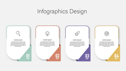 Vibrant infographic template featuring four sequential steps with icons for search, idea, rocket launch, and target. Great for business planning, workflow diagrams, marketing, and presentation slides
