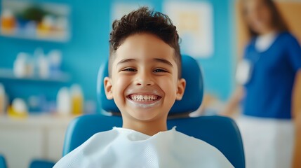 Young Hispanic boy with bright smile sitting in dental chair during checkup, with dentist in blue scrubs visible in background. Professional pediatric dental office setting.