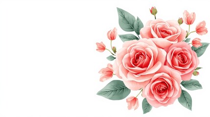 Fototapeta premium Bouquet of pink roses, flower buds branches isolated on white background. flower concept with empty space.