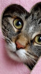 Close-up of curious cat face peering through heart-shaped opening in pink background, featuring striking green eyes and detailed whiskers, creating tender mood.