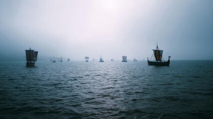 Fototapeta premium Viking ships sailing in foggy waters at dusk. AI image