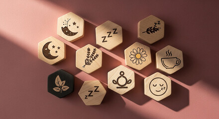 Collection of hexagonal wooden tokens with symbols for sleep, relaxation, and selfcare, arranged on a textured surface
