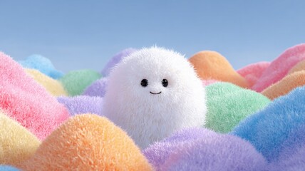 Fototapeta premium Smiling fuzzy white ball among colorful soft shapes. AI image