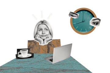 Composite photo collage of puzzled businesswoman look time watch eyes wink deadline expire coffee cup laptop isolated on painted background