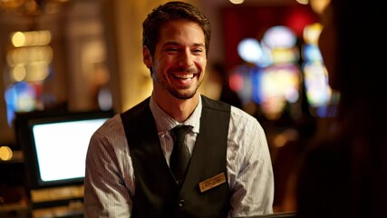 Friendly male casino dealer in formal attire smiling and interacting with players, creating a warm and professional atmosphere.