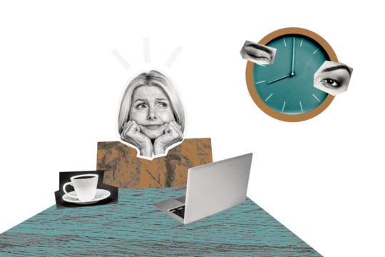 Composite photo collage of puzzled businesswoman look time watch eyes wink deadline expire coffee cup laptop isolated on painted background