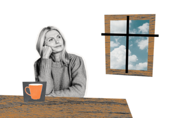 Composite photo collage of dissatisfied blonde girl sit home alone coffee cup look window depression mood isolated on painted background