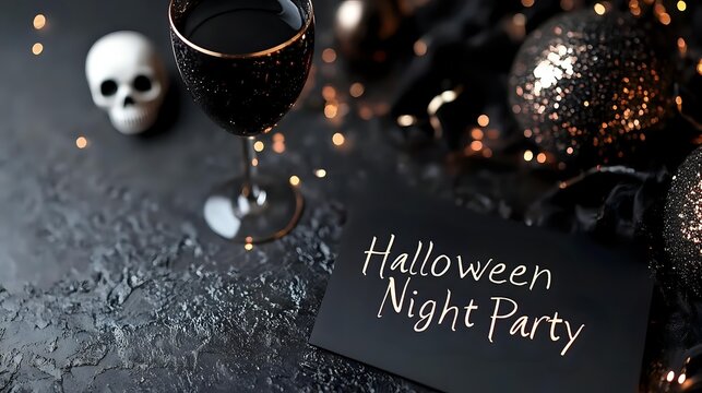 Dark Halloween party setup with red wine glass, decorative skull, glittering copper ornaments and black card with handwritten text on textured black surface with bokeh lights.