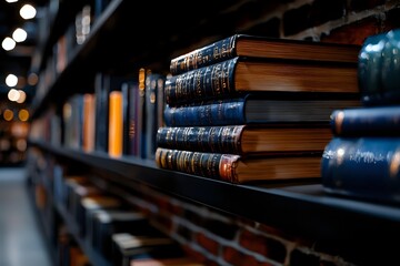 Naklejka premium Stack of vintage hardcover books with blue and gold spines on dark wooden library shelf, selective focus with blurred bokeh background creates atmospheric mood.
