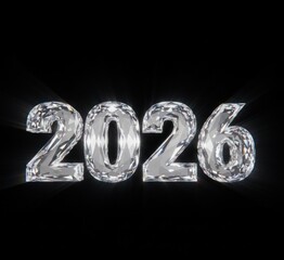 Diamond-textured "2026" digits shine against a black background, with light rays