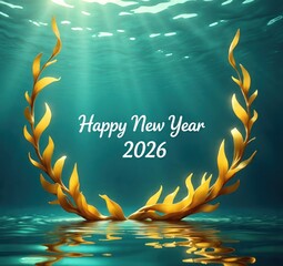 Digital artwork depicts underwater scene with "Happy New Year 2026" surrounded by stylized kelp